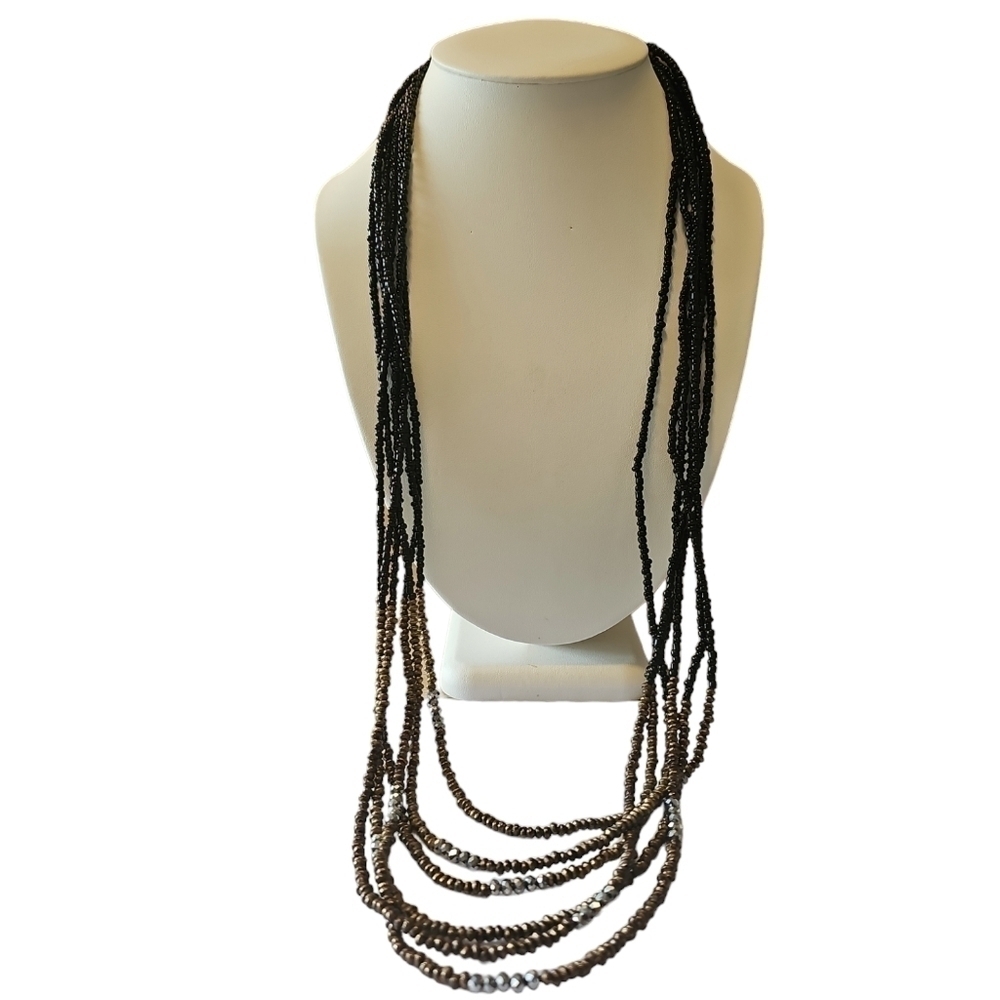 Black Seed Bead Necklace Reflective Dark Gold Metal Long Necklace